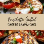 Bruschetta grilled cheese sandwich with melted mozzarella, fresh tomato and basil bruschetta topping, toasted golden sourdough bread, served on a rustic wooden board.