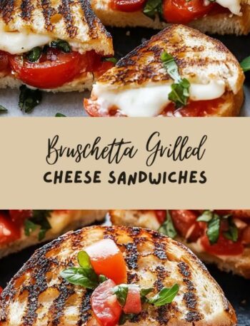 Bruschetta grilled cheese sandwich with melted mozzarella, fresh tomato and basil bruschetta topping, toasted golden sourdough bread, served on a rustic wooden board.