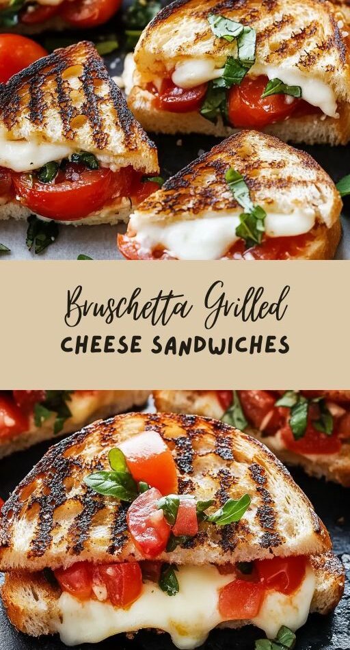 Bruschetta grilled cheese sandwich with melted mozzarella, fresh tomato and basil bruschetta topping, toasted golden sourdough bread, served on a rustic wooden board.