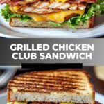 "Stacked grilled chicken club sandwich with layers of grilled chicken breast, crispy bacon, melted cheddar cheese, avocado slices, fresh lettuce, and tomato between two slices of toasted bread, served on a white plate."