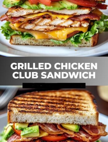 "Stacked grilled chicken club sandwich with layers of grilled chicken breast, crispy bacon, melted cheddar cheese, avocado slices, fresh lettuce, and tomato between two slices of toasted bread, served on a white plate."