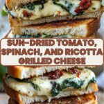 A close-up of a golden, crispy grilled cheese sandwich filled with melted mozzarella, creamy ricotta, sautéed spinach, and sun-dried tomatoes, stacked and cut in half to reveal the rich, gooey interior. The bread is perfectly toasted with a buttery finish, highlighting the vibrant green spinach and red sun-dried tomatoes.