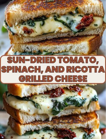 A close-up of a golden, crispy grilled cheese sandwich filled with melted mozzarella, creamy ricotta, sautéed spinach, and sun-dried tomatoes, stacked and cut in half to reveal the rich, gooey interior. The bread is perfectly toasted with a buttery finish, highlighting the vibrant green spinach and red sun-dried tomatoes.
