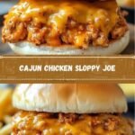 A juicy Cajun chicken sloppy joe sandwich with spicy seasoned shredded chicken, topped with fresh vegetables on a toasted bun, served on a rustic plate.