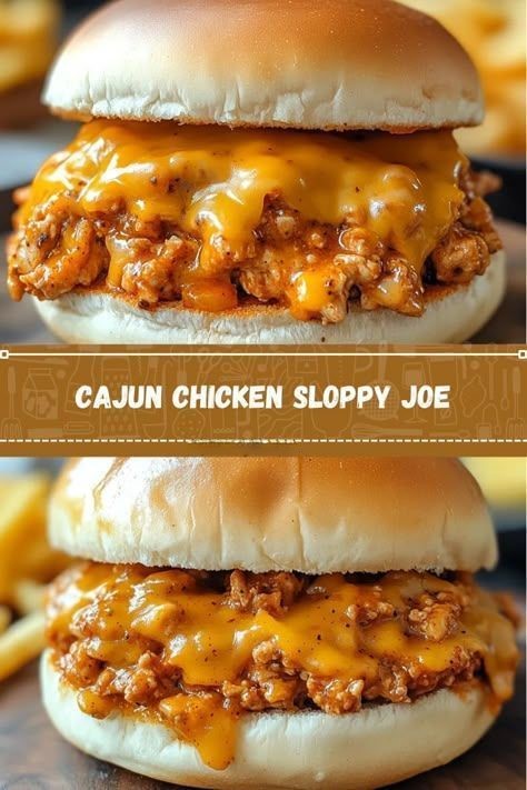 A juicy Cajun chicken sloppy joe sandwich with spicy seasoned shredded chicken, topped with fresh vegetables on a toasted bun, served on a rustic plate.