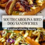 Close-up of South Carolina Bird Dog Sandwiches served on toasted hoagie rolls, filled with crispy fried chicken tenders, drizzled with creamy mustard sauce, topped with crispy bacon, fresh herbs, and coleslaw, with a side of fries in the background.