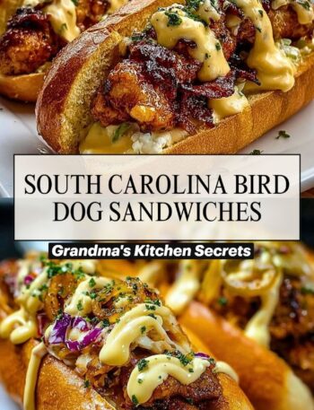 Close-up of South Carolina Bird Dog Sandwiches served on toasted hoagie rolls, filled with crispy fried chicken tenders, drizzled with creamy mustard sauce, topped with crispy bacon, fresh herbs, and coleslaw, with a side of fries in the background.
