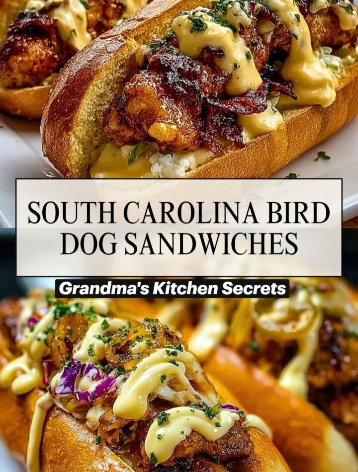 Close-up of South Carolina Bird Dog Sandwiches served on toasted hoagie rolls, filled with crispy fried chicken tenders, drizzled with creamy mustard sauce, topped with crispy bacon, fresh herbs, and coleslaw, with a side of fries in the background.