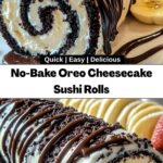 No-Bake Oreo Cheesecake sushi roll topped with melted chocolate and crushed cookies