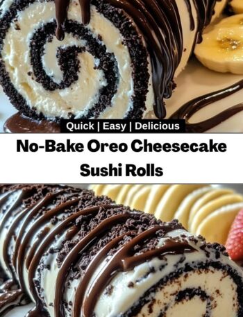 No-Bake Oreo Cheesecake sushi roll topped with melted chocolate and crushed cookies