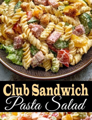 Bowl of creamy Club Sandwich Pasta Salad made with rotini pasta, diced ham, crispy bacon, cherry tomatoes, cucumbers, cheddar cheese, and lettuce, topped with seasoned croutons, served on a rustic plate.