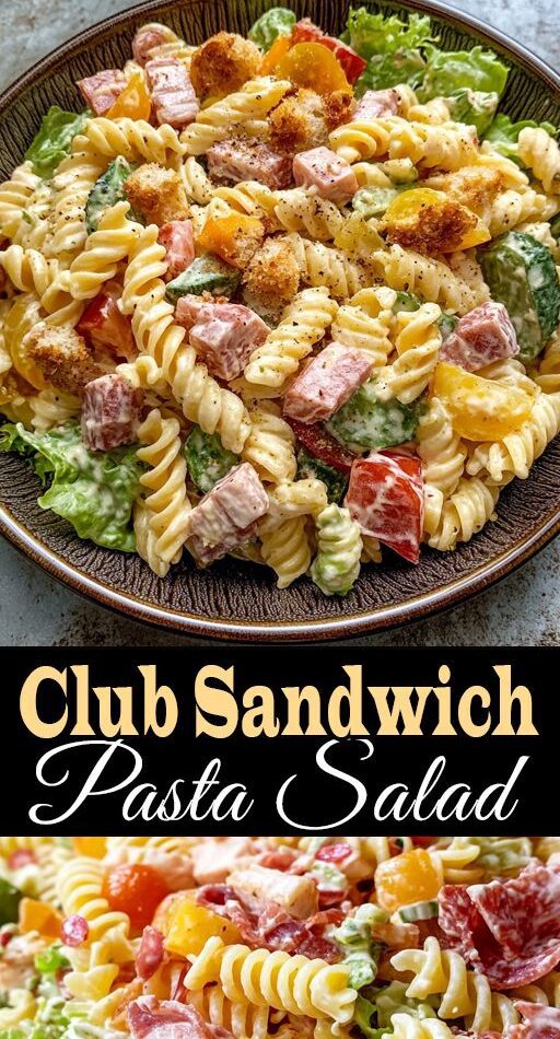Bowl of creamy Club Sandwich Pasta Salad made with rotini pasta, diced ham, crispy bacon, cherry tomatoes, cucumbers, cheddar cheese, and lettuce, topped with seasoned croutons, served on a rustic plate.