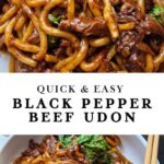 Delicious black pepper beef udon stir-fry with tender beef slices, chewy udon noodles, fresh green vegetables, and a flavorful spicy black pepper sauce served in a white bowl with chopsticks.