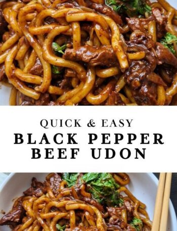 Delicious black pepper beef udon stir-fry with tender beef slices, chewy udon noodles, fresh green vegetables, and a flavorful spicy black pepper sauce served in a white bowl with chopsticks.