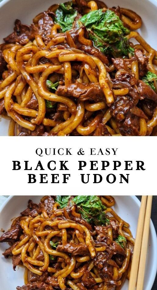 Delicious black pepper beef udon stir-fry with tender beef slices, chewy udon noodles, fresh green vegetables, and a flavorful spicy black pepper sauce served in a white bowl with chopsticks.