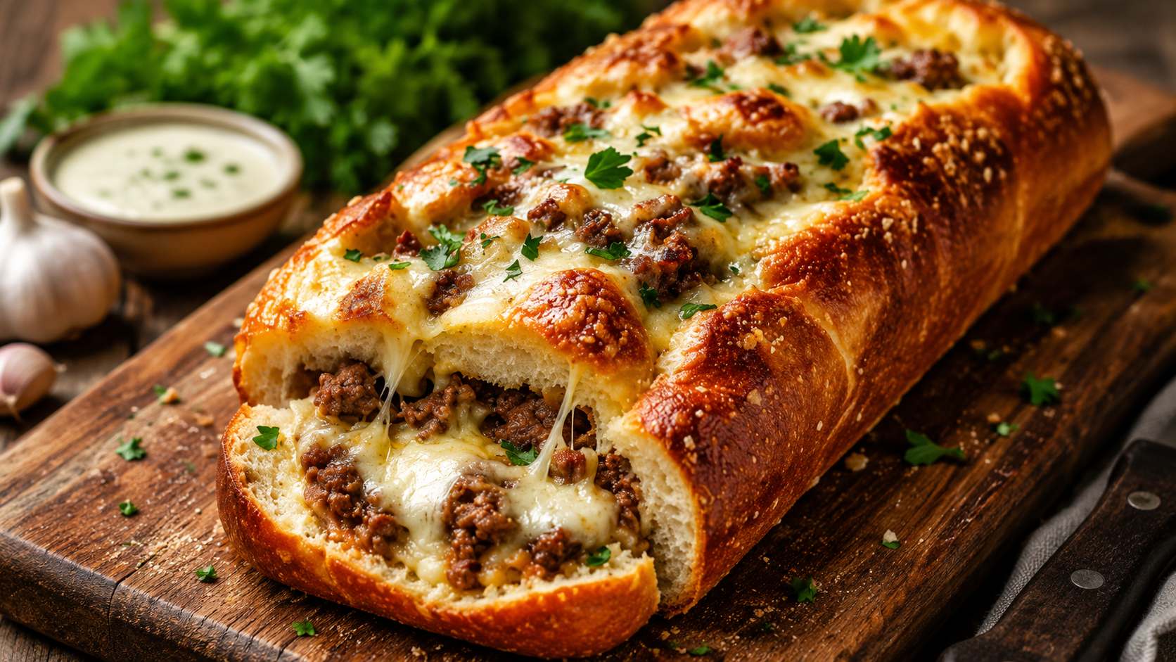 Cheesesteak Stuffed Garlic Bread Loaf