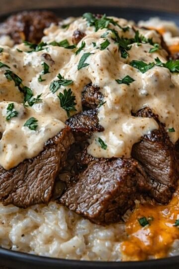 Steak queso rice with creamy sauce