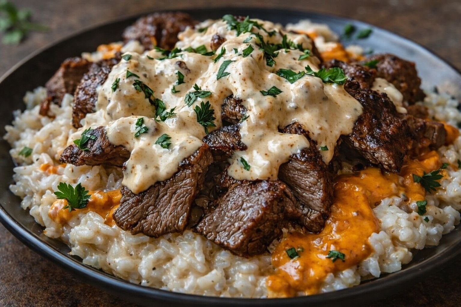 Steak queso rice with creamy sauce
