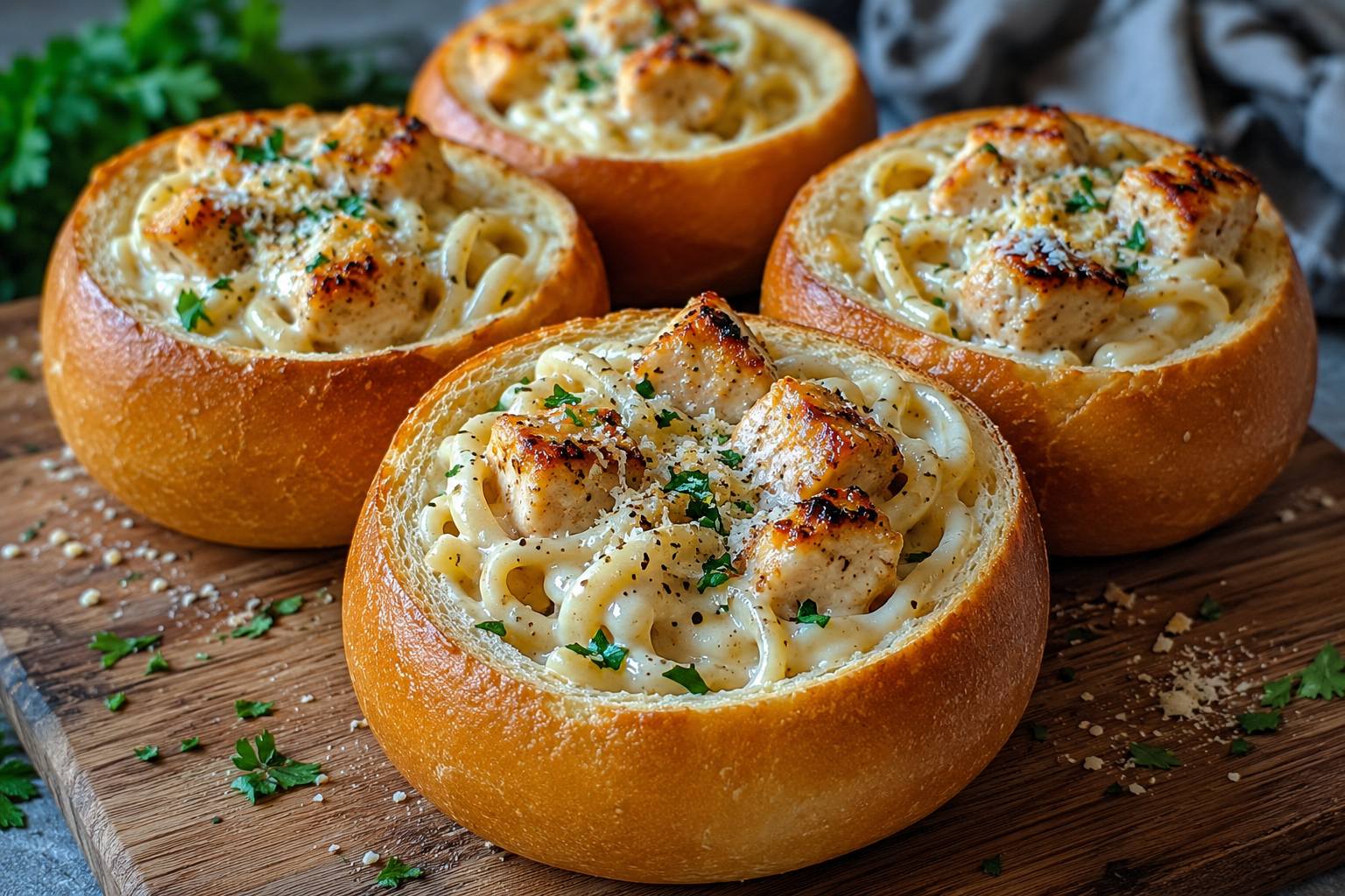 Chicken Alfredo Garlic Bread Bowls